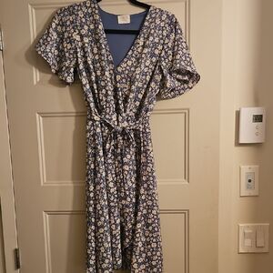 Floral Blue Wrap Midi Dress with Tie Waist